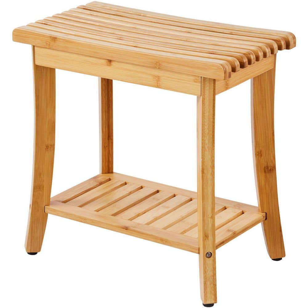 Tahanbath 19.1 in.W Free-standing Waterproof Bamboo Walk In Shower Seat with Storage Shelf 330 lbs. in Brown (1)