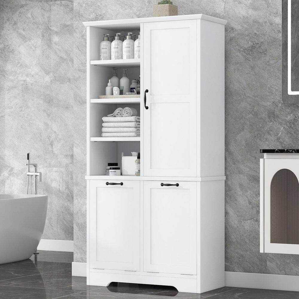 Unbranded 31 in. W x 14 in. D x 68 in. H White Freestanding Bathroom Storage Linen Cabinet with Doors and Drawers (2)