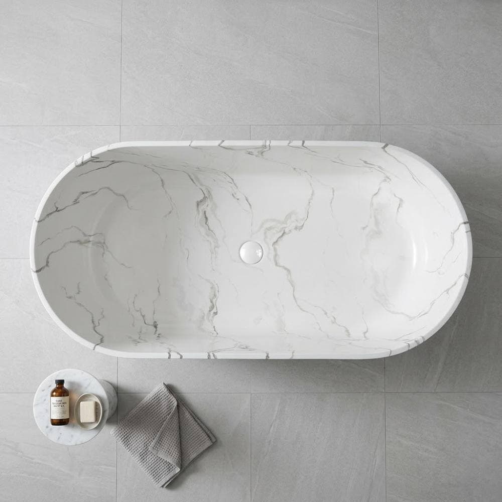POCCI&VANCCI 67 in. Freestanding Solid Surface Oval Soaking Bathtub in Glossy White Marble Pattern with Gray Veining (3)