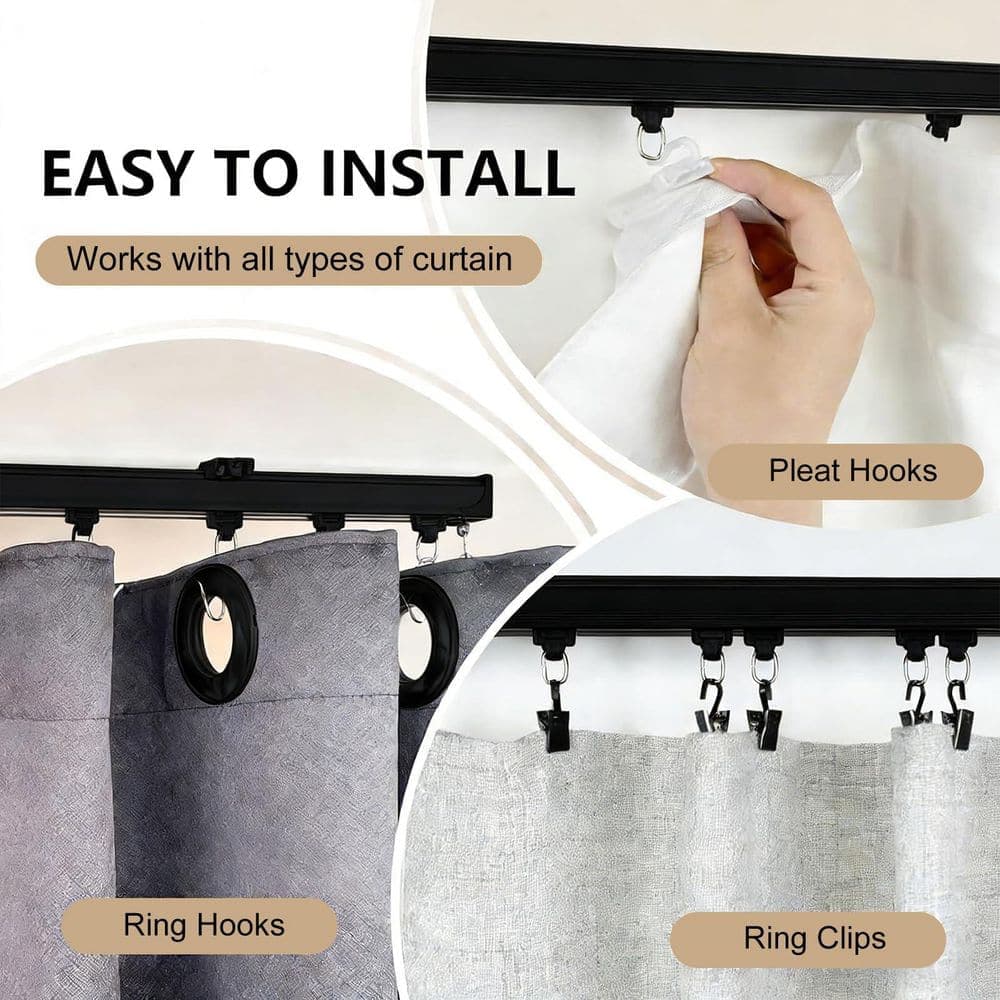 Wudkey 72 in. to 108 in. Ceiling Curtain Track in Black, Wall Mount Sliding Curtain Rail with Clip and Hooks for Shower (3)