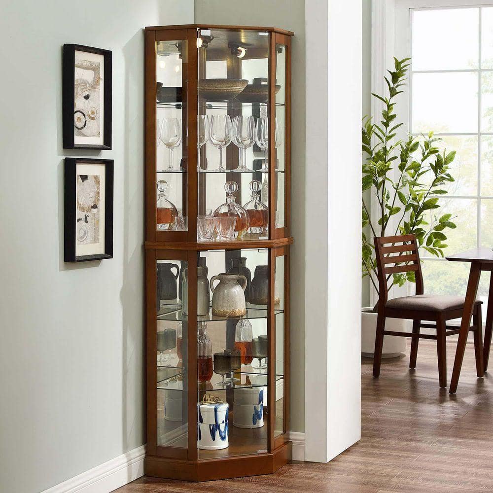 XUJMK 26 in. W x 20 in. D x 72 in. H Light Brown Linen Cabinet 6-Shelf Corner Curio Display with Light, Mirrors and Shelves (1)