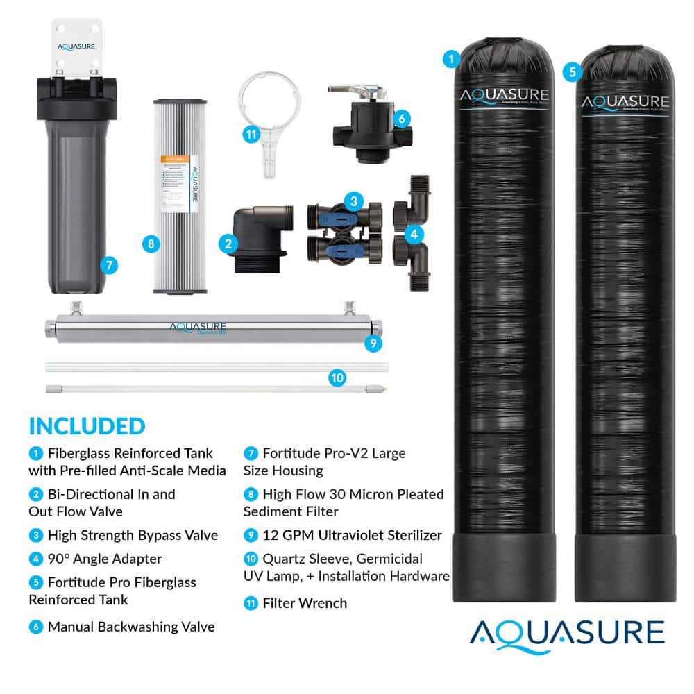 AQUASURE 15-GPM Salt-Free Conditioning Whole House Water Treatment System, Pleated Sediment Pre-Filter and UV Sterilizer (3)