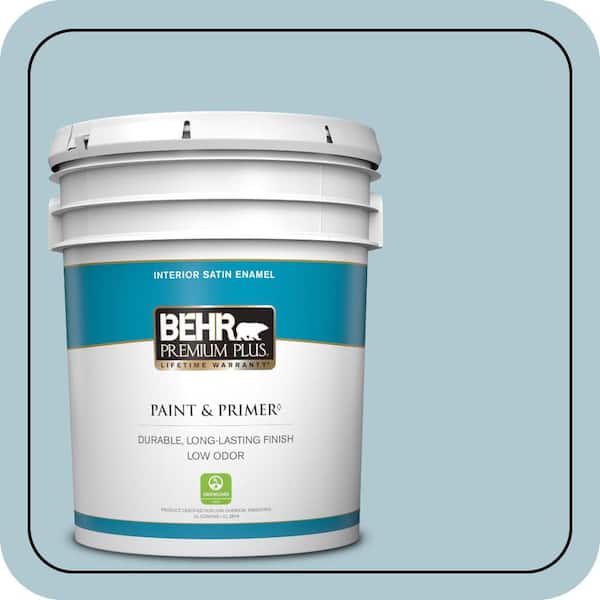 BEHR PREMIUM PLUS 5 gal. #S470-2 Gentle Sea Satin Enamel Low Odor Interior Paint & Primer (2)