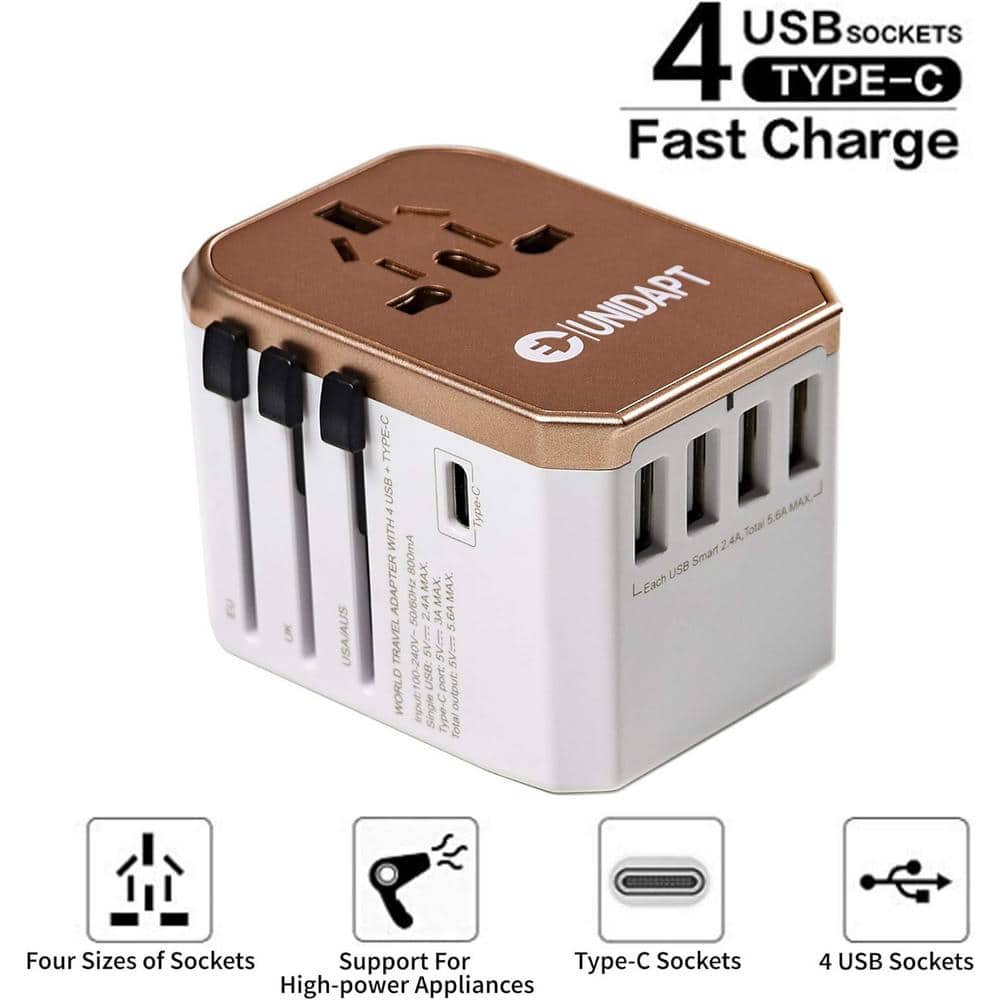Lukyamzn Universal Wall Plug Travel Adapter Voltage Converter with 1-Outlet, 4 USB-A, 1 USB-C Ports in Rose Gold (3)