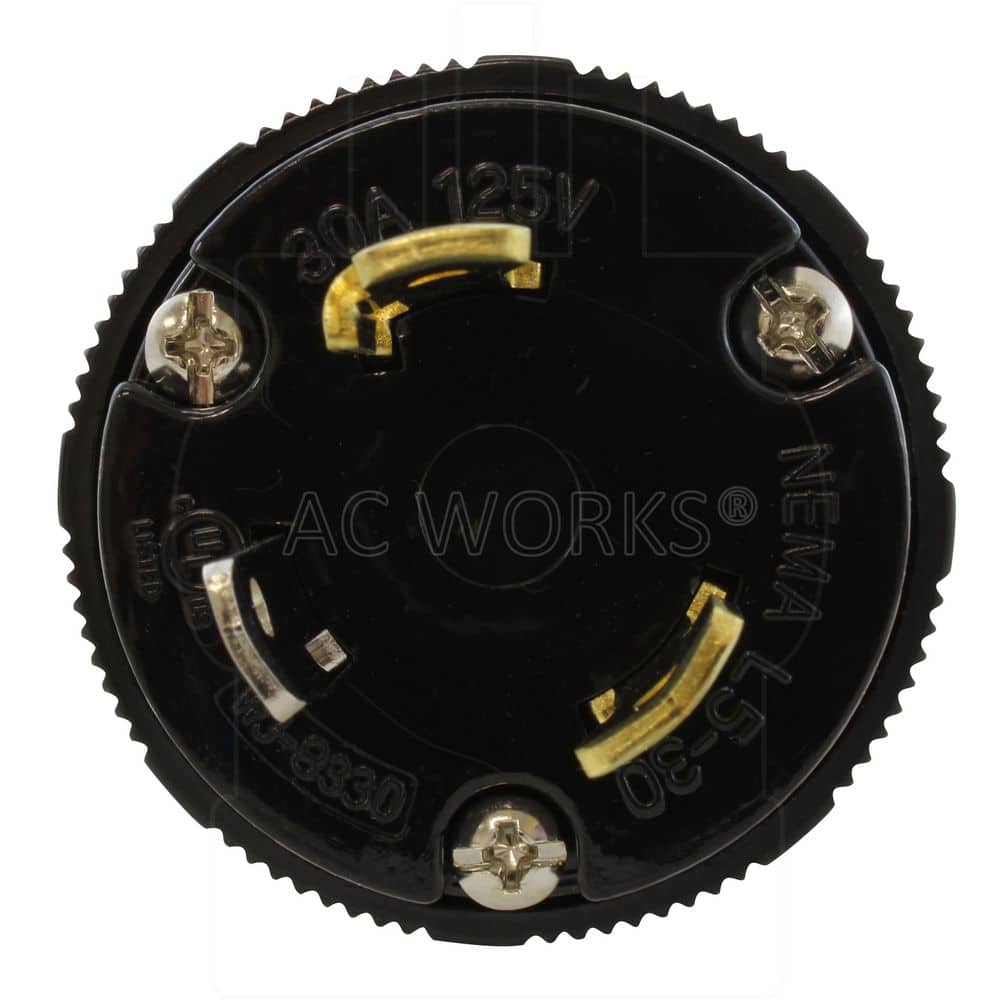 AC WORKS 30A 3-Prong L5-30P Locking Plug to L5-20R Connector w/ 20A Inline Breaker 1.5 ft. 10/3 STW Indoor/Outdoor Cord in Orange (3)