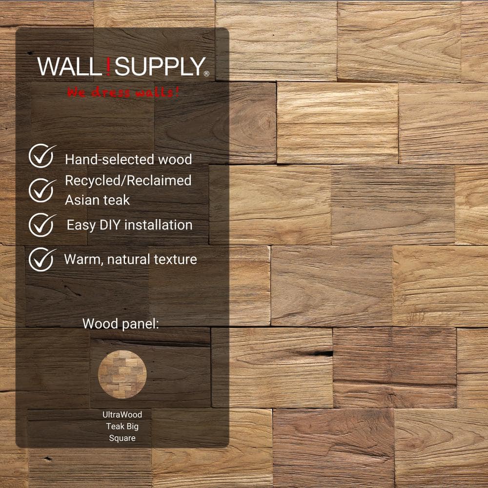 WALL!SUPPLY Ultra Wood Teak Big Square Panels 0.59 in. x 7.87 in. x 17.72 in. Natural Wood Finish Set 10 Panels Covers 9.68 Sq. Ft. (2)