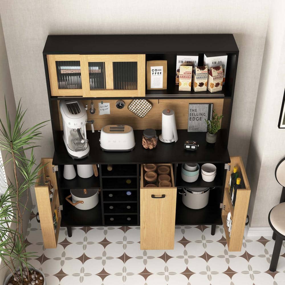 Unbranded 47.2 in. W x 15.74 in. D x 59.1 in. H Black Buffet Linen Cabinet with Door Power Outlet and Wine Rack for Kitchen (3)