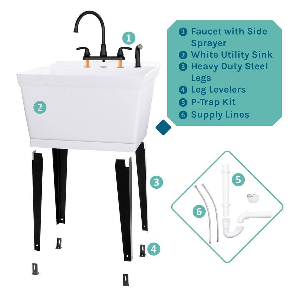 TEHILA Complete 22.875 in. x 23.5 in. White 19 Gal. Utility Sink Set with Black Metal Hybrid Faucet and Side Sprayer (2)