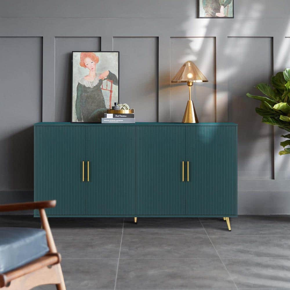 Unbranded 60 in. W x 15.7 in. D x 32.3 in. H Antique Green Freestanding Linen Cabinet with 4-Doors and 1 Shelf for Bathroom (2)