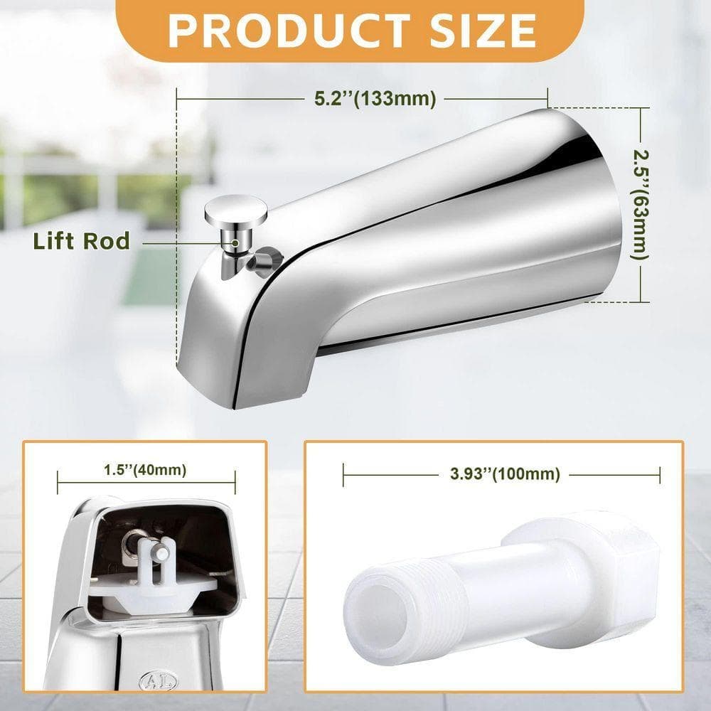 Unbranded Universal Diverter Tub Spout Chrome Fits 1/2 Inch Copper or IPS and 3/4 Inch IPS with Adapters Hex Wrench (2)