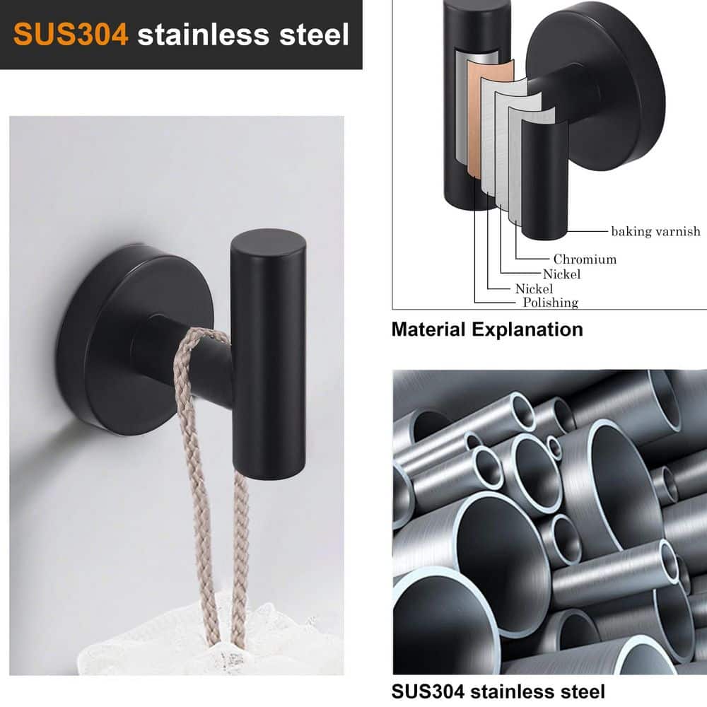 Unbranded 2 Pack Matte Black SUS304 Stainless Steel Round Single Robe Towel J-Hook Robe/Towel Hook Wall Mounted Mount Bath (3)