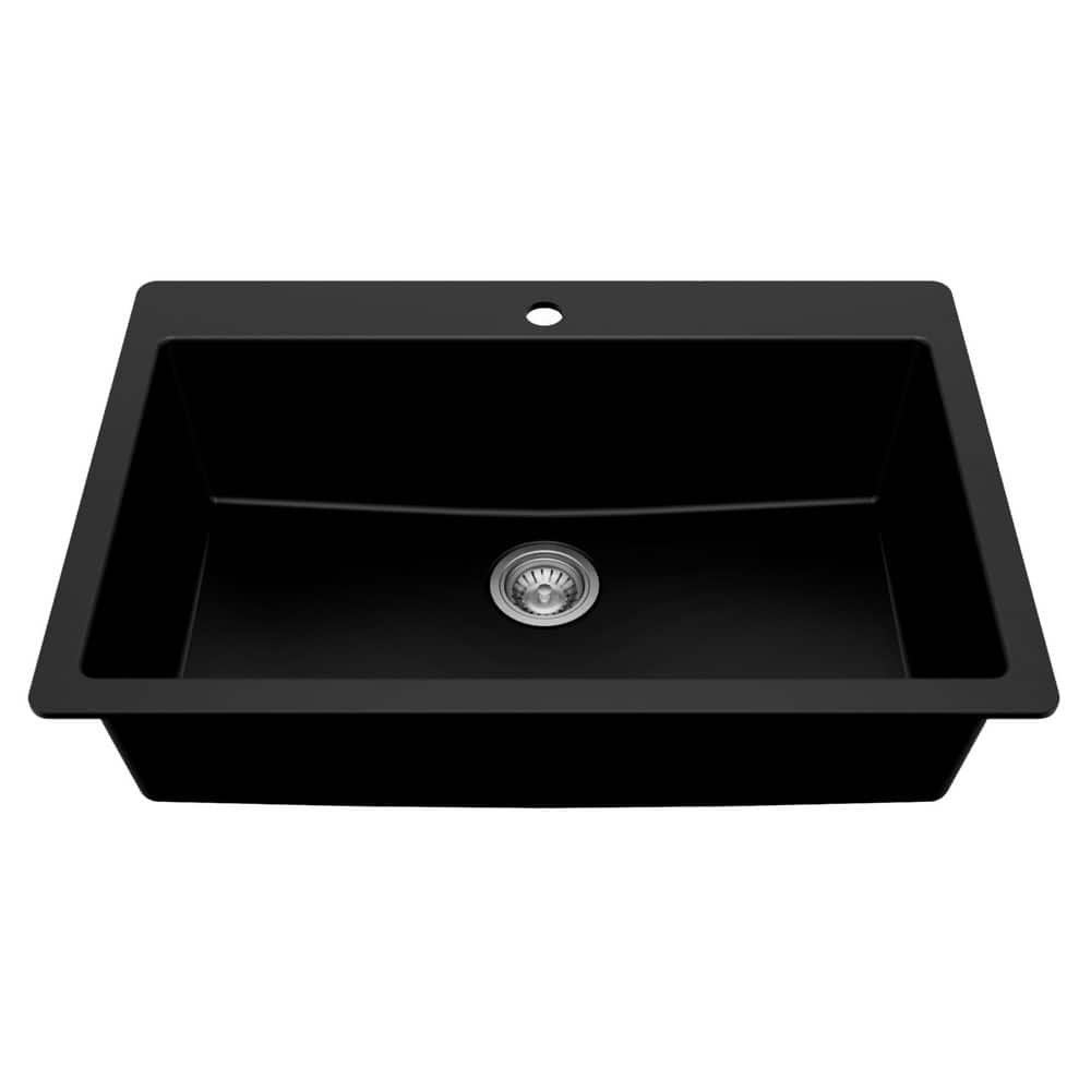 Glacier Bay Stonehaven 33 in. Drop-In Single Bowl Black Granite Composite Kitchen Sink with Stainless Steel Strainer