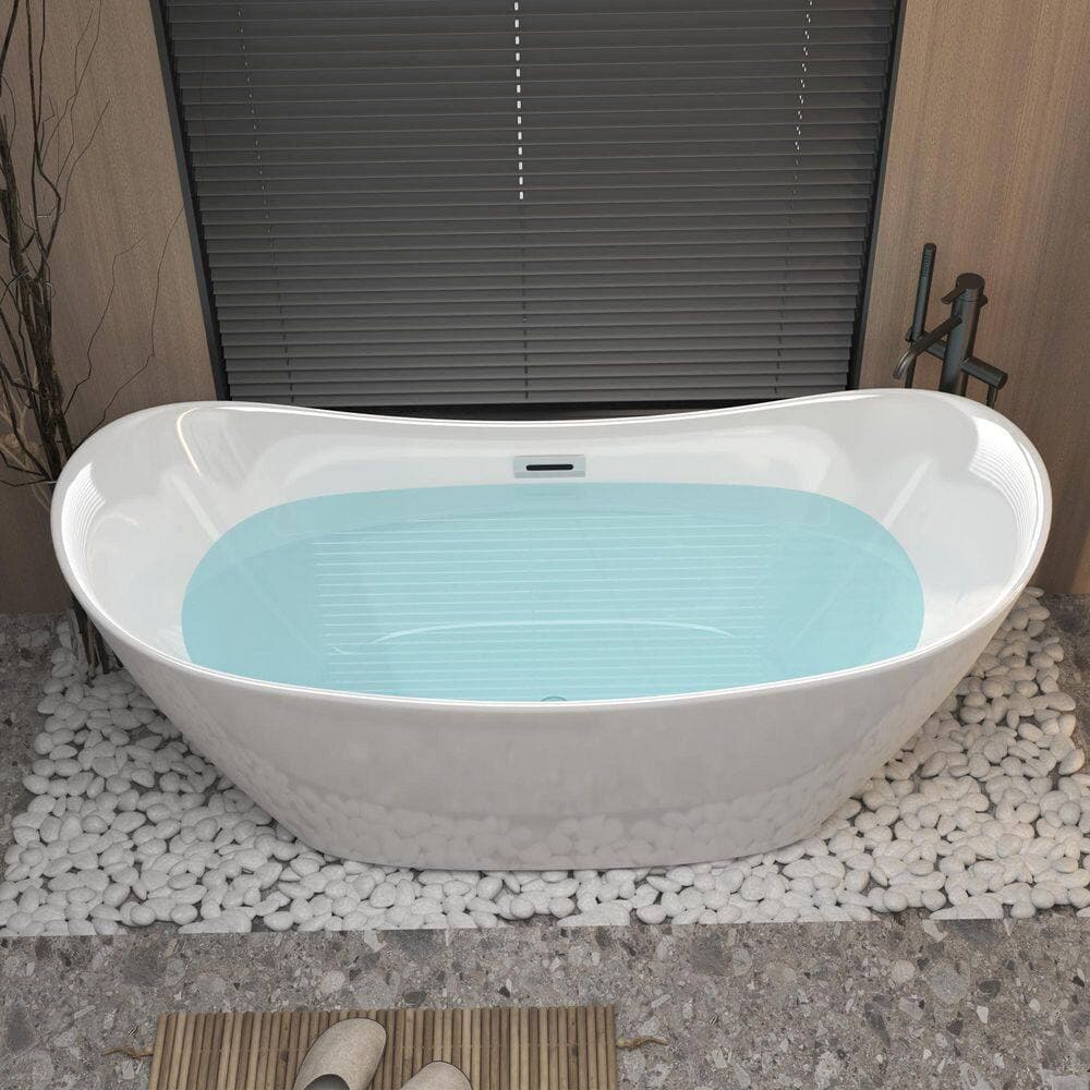 Magic Home 67 in. Acrylic Oval Freestanding Double Slipper Non Whirlpool White Soaking Hot Bathtub with Chrome Overflow and Drain (2)