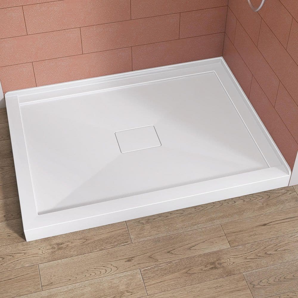 Zeafive Moca 48 in. L x 36 in. W Corner Double Threshold Acrylic Shower Pan Base with Center Drain Cover Shower Tray in White (1)