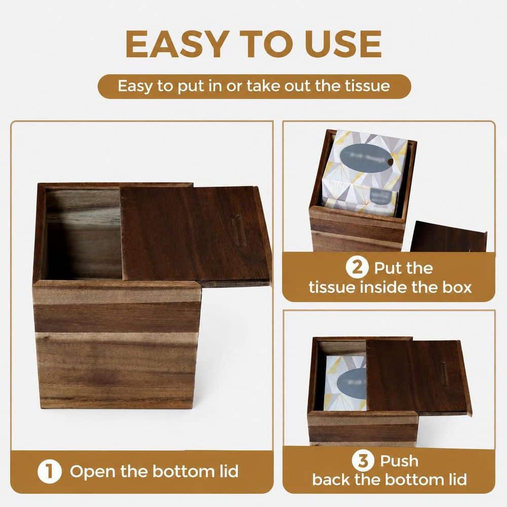 KHKFY Acacia Wood Tissue Box Covers, Square Decorative Cube with Slide-Out Bottom, 5.5 x 5.5 x 6.3 in. stylish (3)