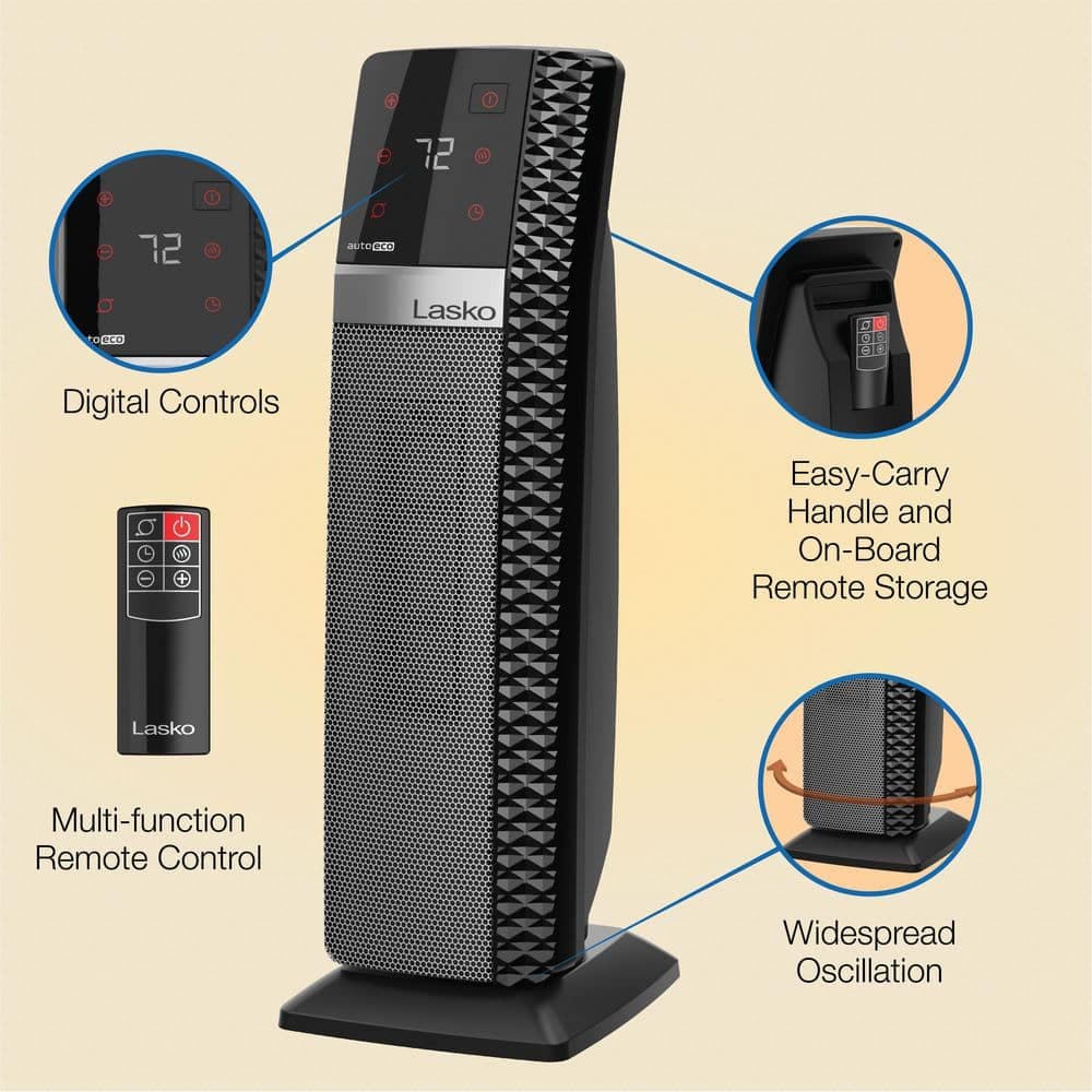 Lasko Elite 1500W 22 in. Black Indoor Electric Tower Forced Air Ceramic Space Heater with Tip-Over Switch, 3-Speeds and Remote (2)