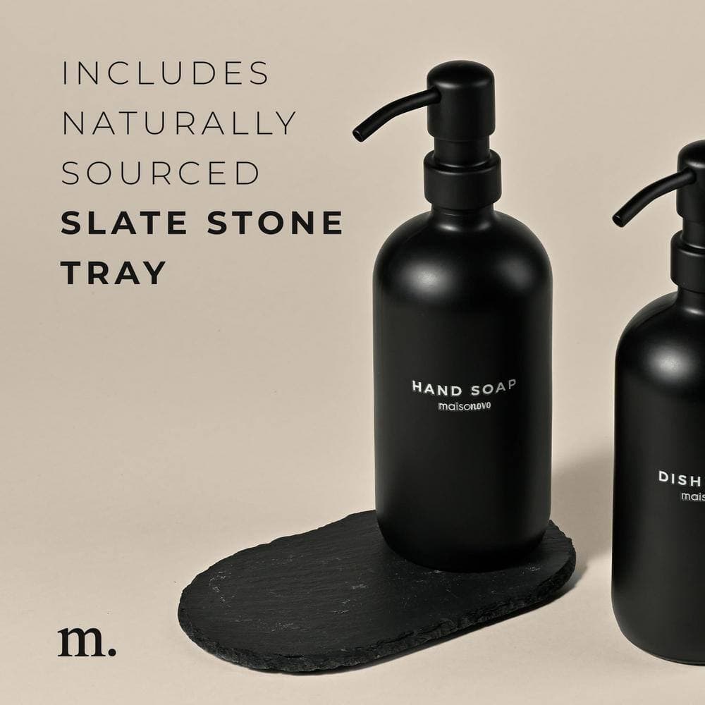 Adrinfly 2-Pieces, Glass Hand Soap and Lotion Dispenser with Hand Made Concrete Tray in Black Bottles and Black Pumps (3)