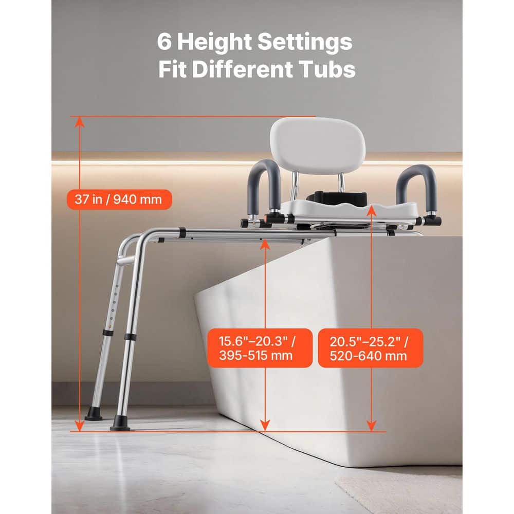 VEVOR 21.1 in. W Freestanding Tub Transfer Bench with Swivel Seat & Arms in White, Height Adjustable, Supports up to 400 lbs. (3)