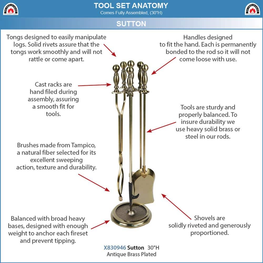 ACHLA DESIGNS 30 in. Tall 5-Piece Antique Brass Sutton Fireplace Tool Set (3)