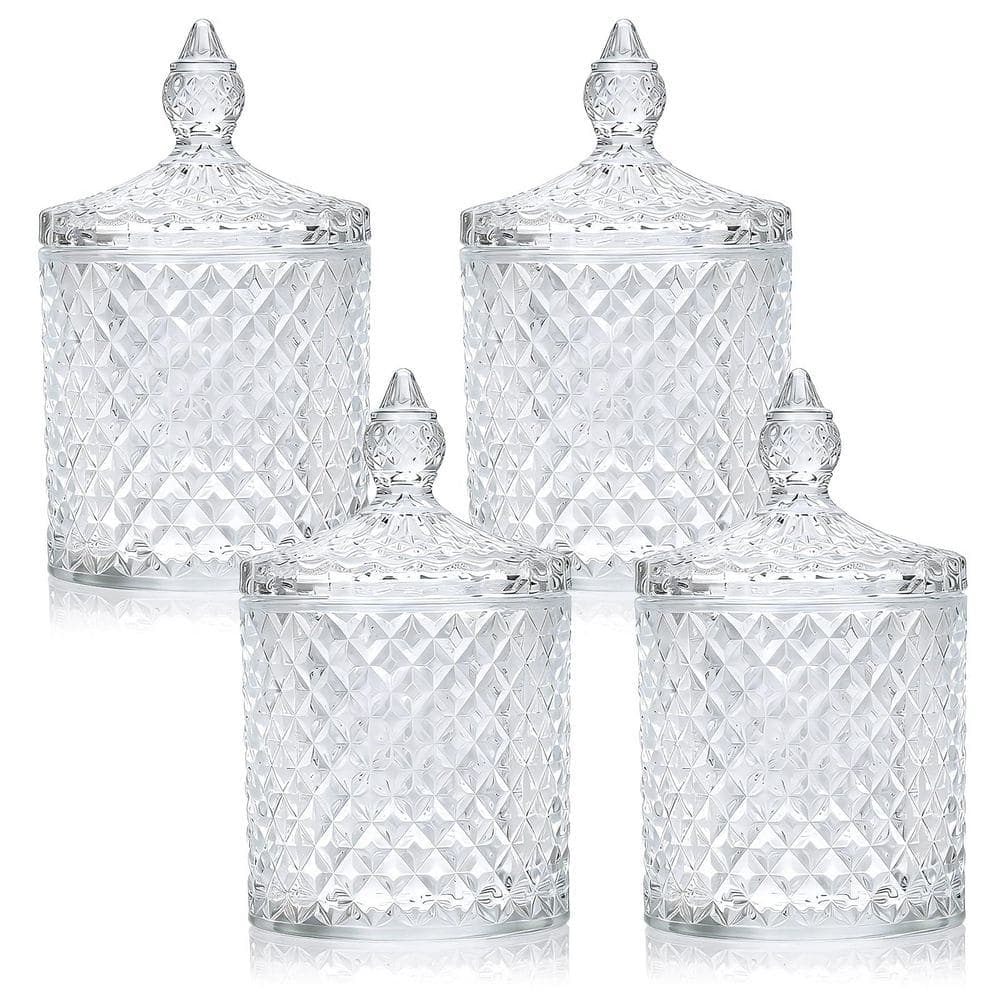 KHKFY 4-Pack Diamond Cut Crystal Glass Apothecary Jars with Lids for Bathroom Vanity Cotton Swab and Ball Set