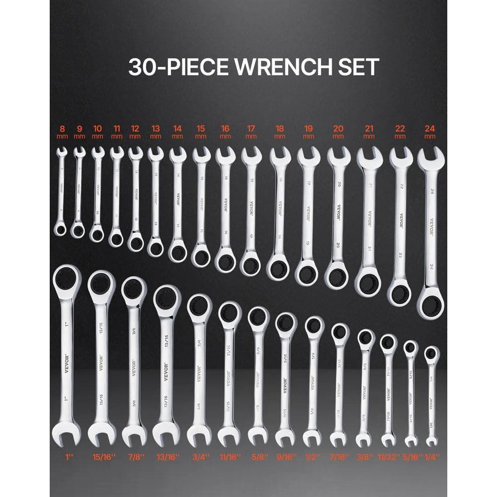 VEVOR Combination Wrench Set, 30-Piece Ratcheting Wrench Set with Rack, Cr-V Steel Wrench Set SAE 1/4 in. to 1 in. (2)