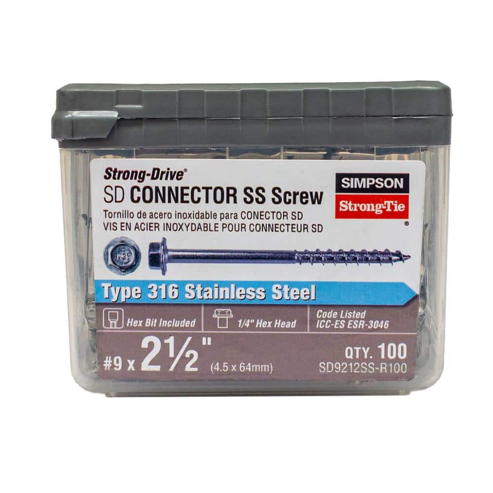 Simpson Strong-Tie #9 x 2-1/2 in. Type 316 Stainless Steel, Hex Drive, Hex Head, Strong-Drive SD Wood Screw (100-Pack) (1)