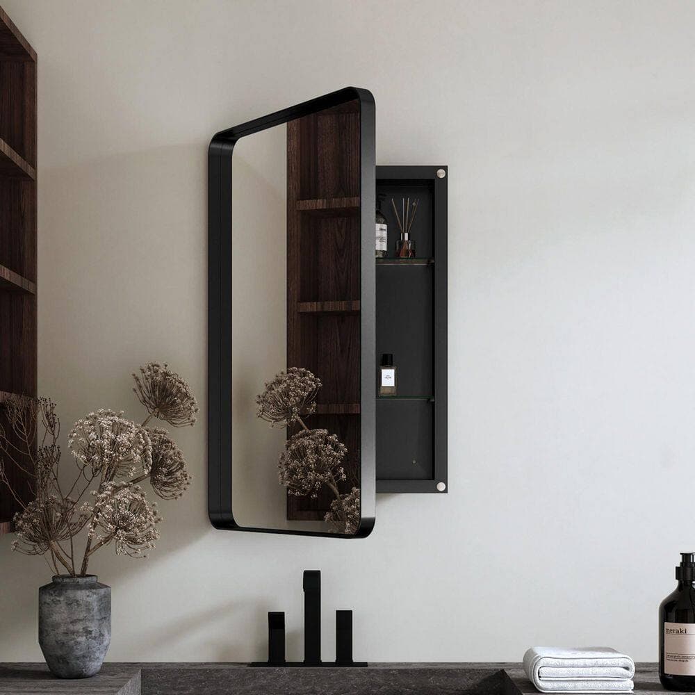 Siavonce 5 in. W x 20 in. D x 30 in. H Recessed Metal Frame Linen Cabinet with Mirrored Doors and Adjustable Shelves, Black (2)