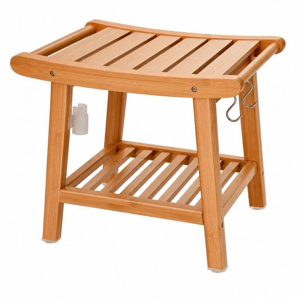 Wudkey A-Shape Waterproof with Storage, Curved Seat, Non-Slip, Easy Assembly - Bamboo Shower Bench in Natural (1)