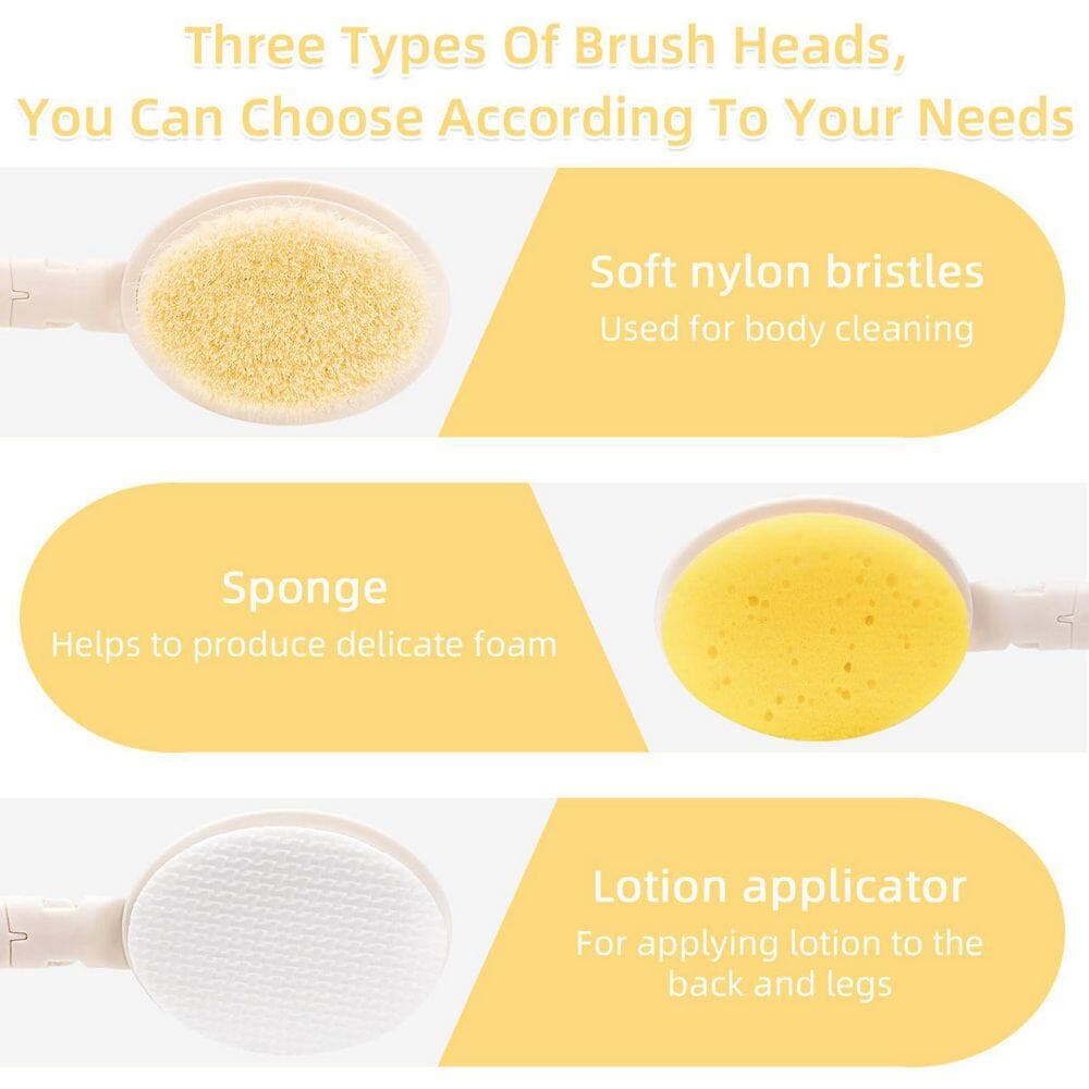 Wudkey 1-Piece Bath Accessory Set with Foldable Long Handle Brush, Sponge and Lotion Applicator in White (3)