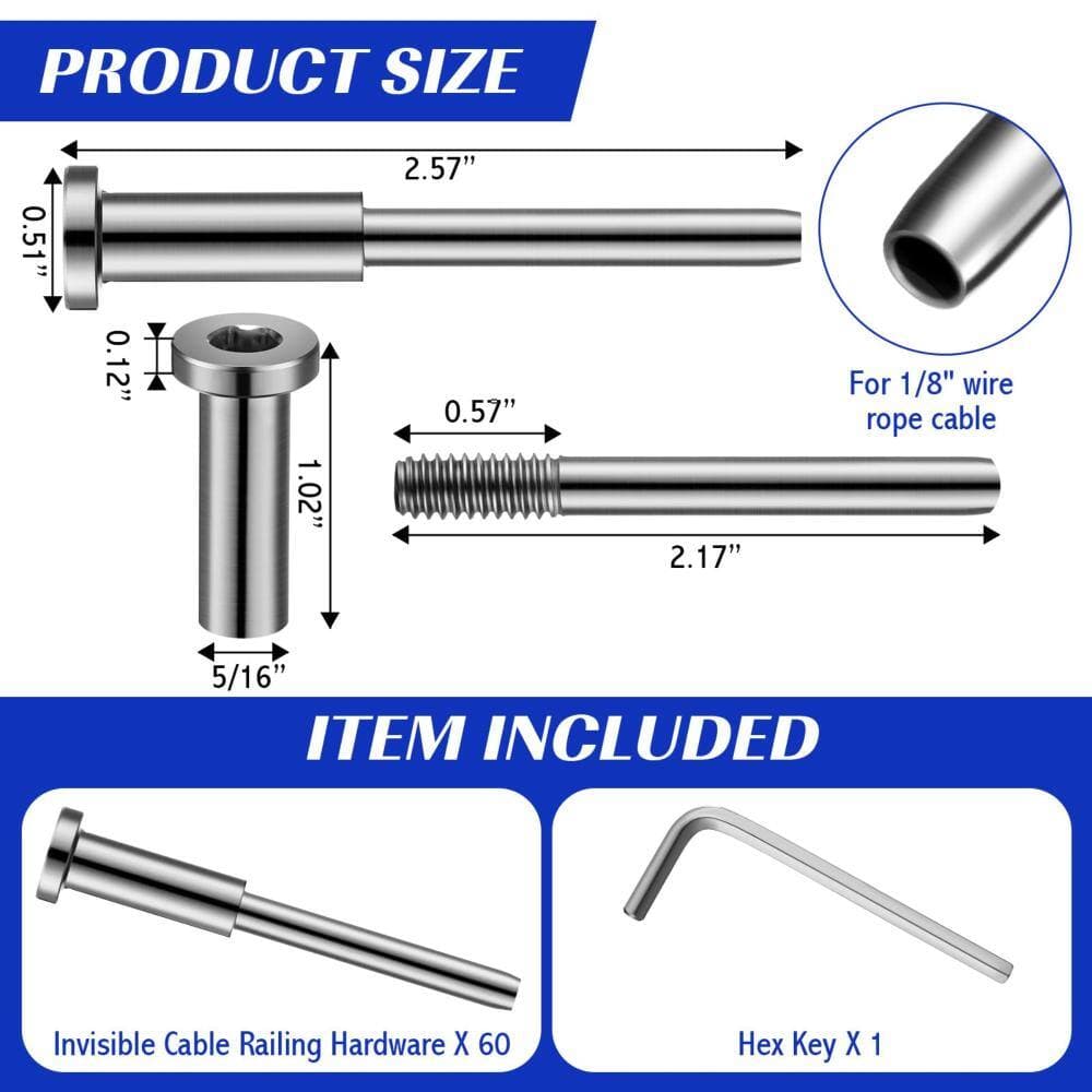 Unbranded Stainless Steel Cable Railing Kit 1/8 in Invisible Swage Stud Tensioner for Wood Metal Posts 60 Pack (3)