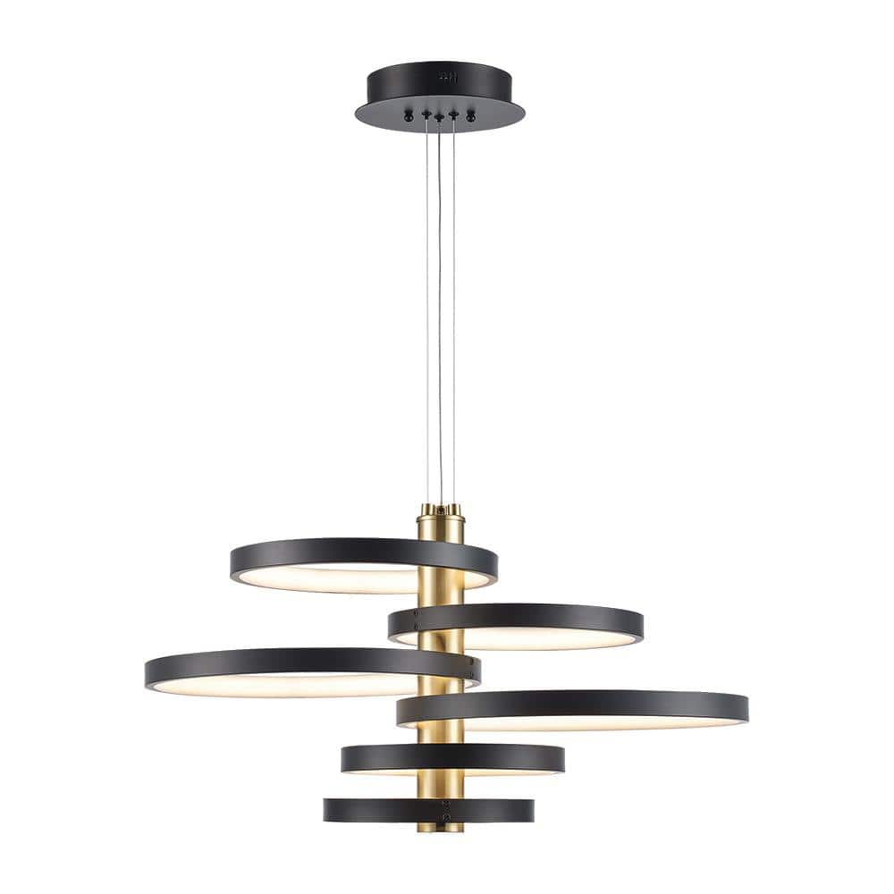 Monteaux Lighting 26 in. Integrated LED Black and Gold Ringed Pendant Light Fixture (3)