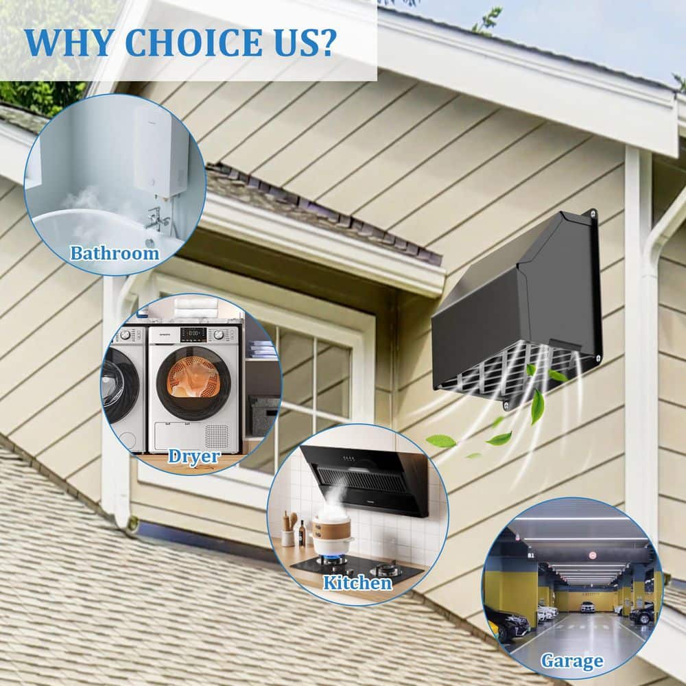 Helhom 4 in. Outdoor Wall Vent Cover for Dryer with Rubber Cushioned Non Return Flap for Dryer Ducting/House/Range Hood, Black (3)
