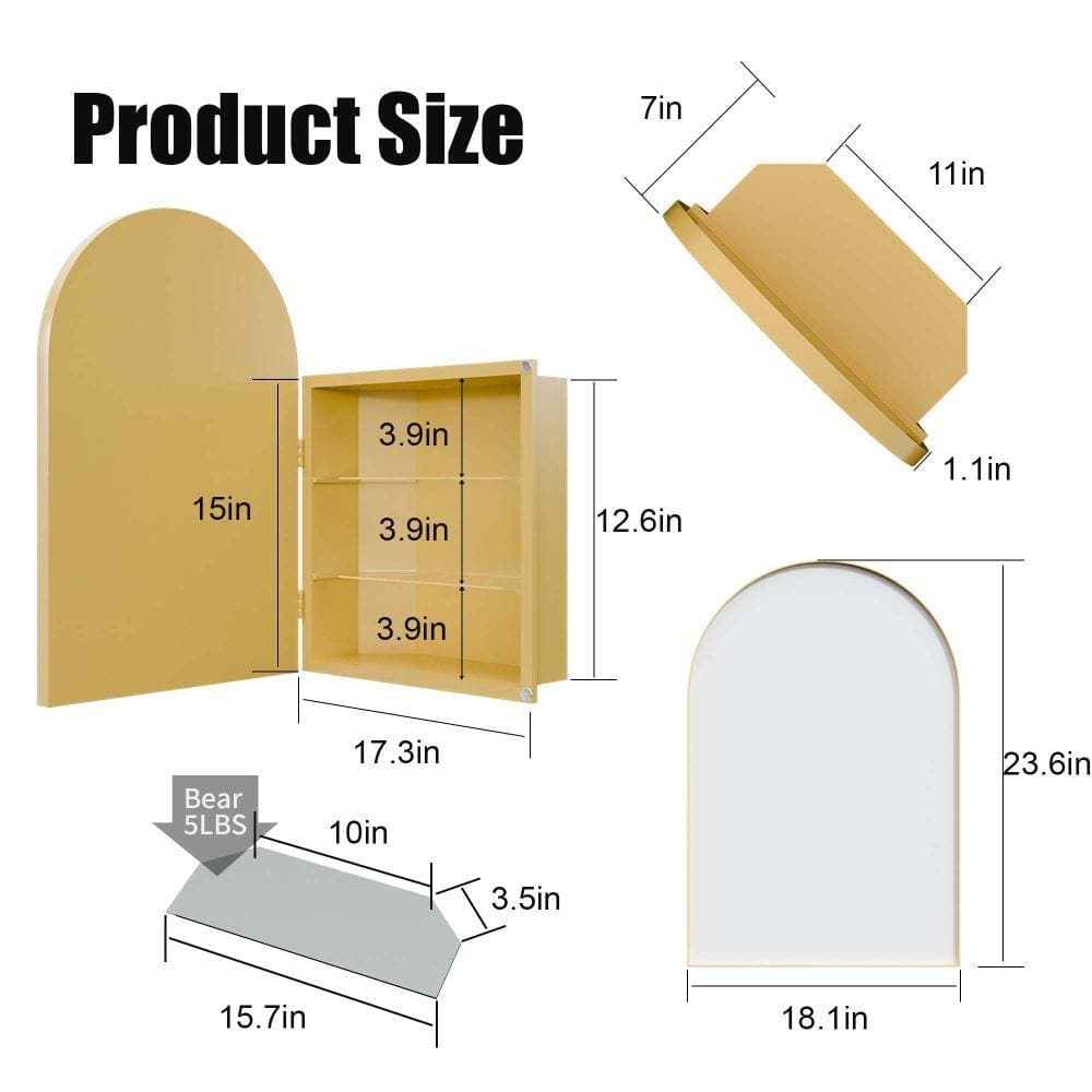 XUJMK 18  in. W x 7 in. D x 24 in. H Bathroom Wall Cabinet, Medicine Cabinet in Golden with Arched Mirror, Adjustable Shelves (2)