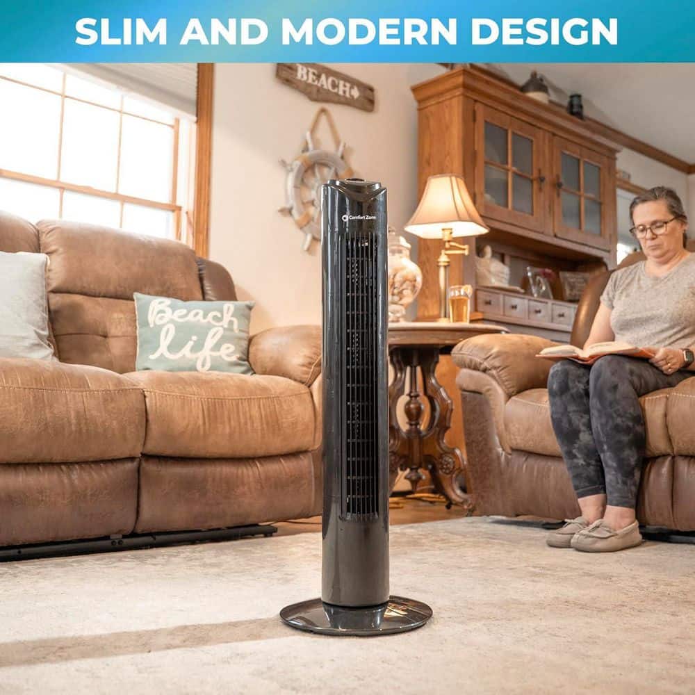 Comfort Zone 32 in. 3-Speed Electric Oscillating Tower Fan in Black, 10 in. Diameter Base, Portable, Quiet (3)