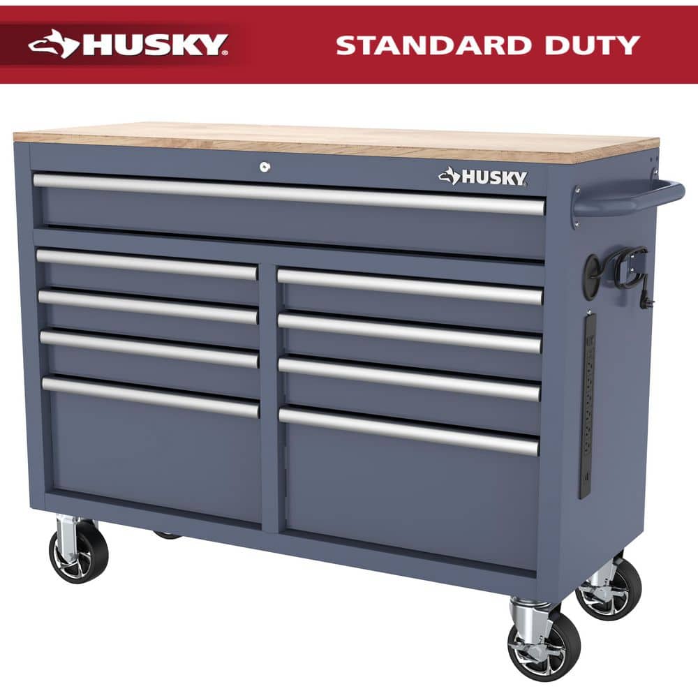 Husky Standard-Duty 46 in. W 9-Drawer Gloss Cadet Gray Mobile Workbench Cabinet with Solid Wood Top