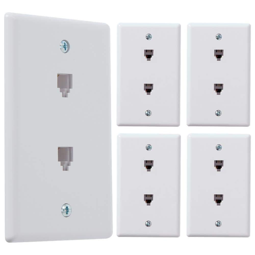 Newhouse Hardware White 1-Gang Telephone Data Jack Wall Plate, 6P4C, for RJ11 Telephone Cables, Double Port (5-Pack) (1)