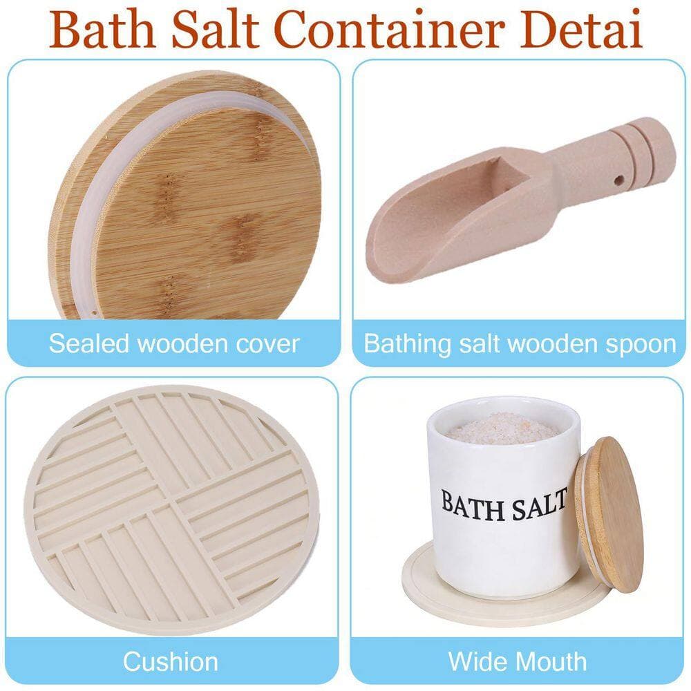KHKFY 29oz Airtight Opaque Ceramic Bath Salt Jar with Wooden Lid, Scoop, and Anti-Slip Mat for Bathroom Storage (2)