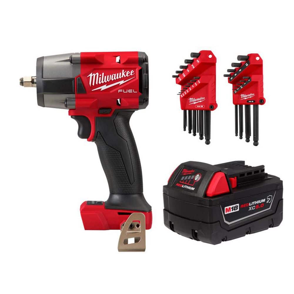 Milwaukee M18 FUEL GEN-2 18V Lith-Ion Mid Torque Brushless Cordless 3/8 in. Impact Wrench w/ 5.0 Ah Battery & L-Key Set (1)
