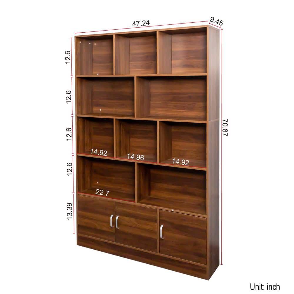 Tahanbath 9.45 in. W x 47.24 in. D x 70.87 in. H Walnut Wood Freestanding Linen Cabinet with 10-Cubes and 3-Doors in Brown (3)