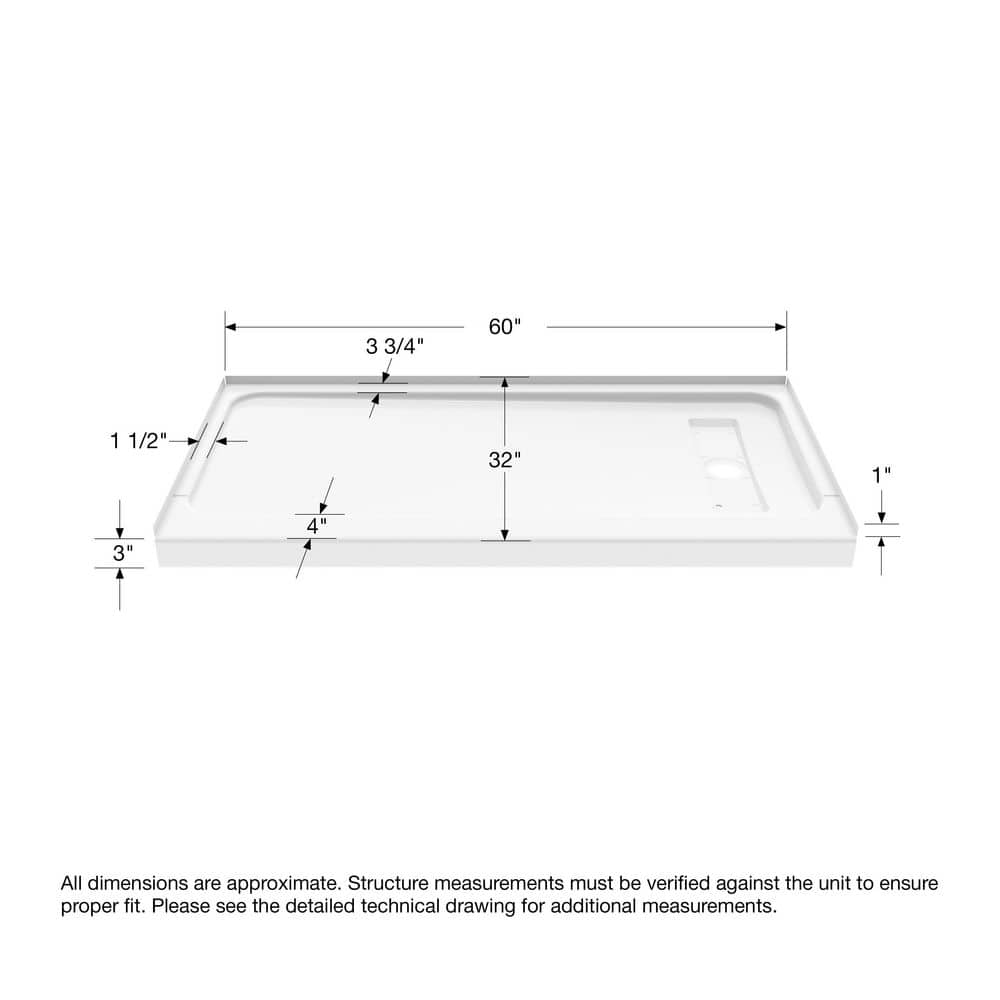 Bootz Industries ShowerCast 60 in. L 32 in. W Alcove Shower Pan Base with Hand 8.5 in. Trench Drain (4)
