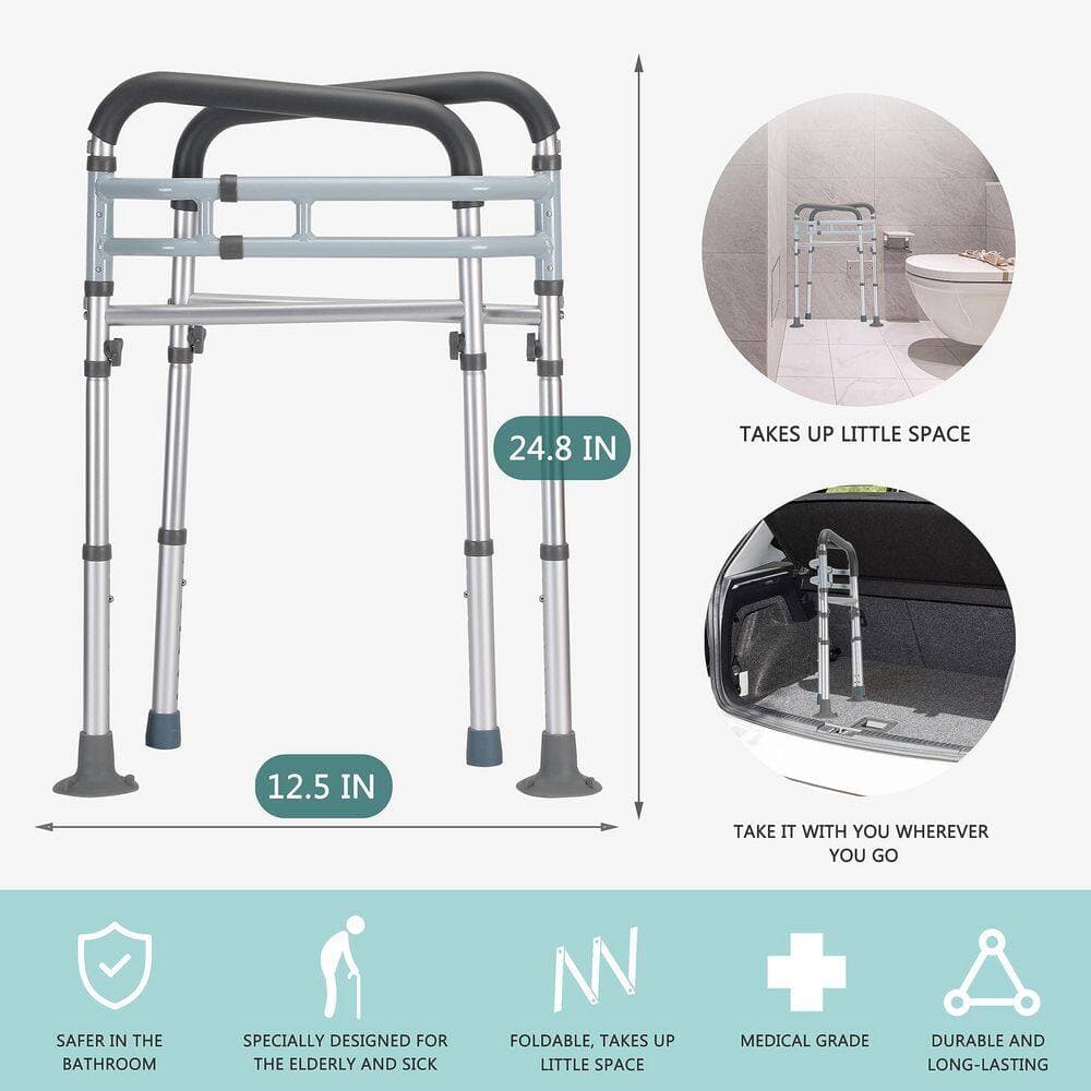NVNOO Adjustable Aluminum Foldable Toilet Safety Rails Fit Any Toilets for Elderly Handicap and Disabled, Silver (3)