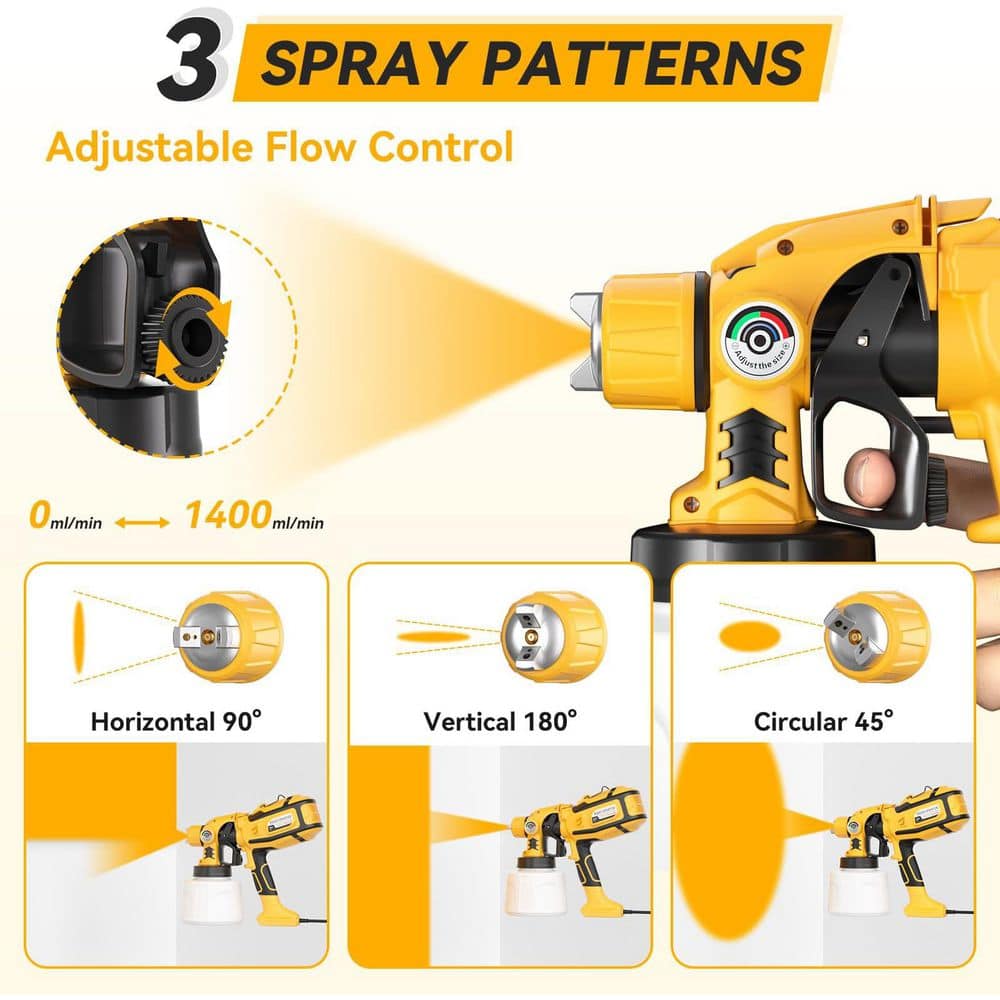 Unbranded 1200W HVLP Paint Sprayer with 1.4L Container, 5 Nozzles, 3 Spray Patterns, Adjustable Flow, Easy Cleaning, Yellow (3)