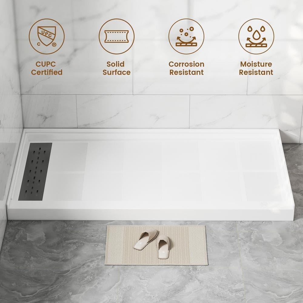 CASAINC 60 in. x 32 in. Composite Alcove Shower Pan Base with Stainless Steel Cover and Left Drain in White (3)