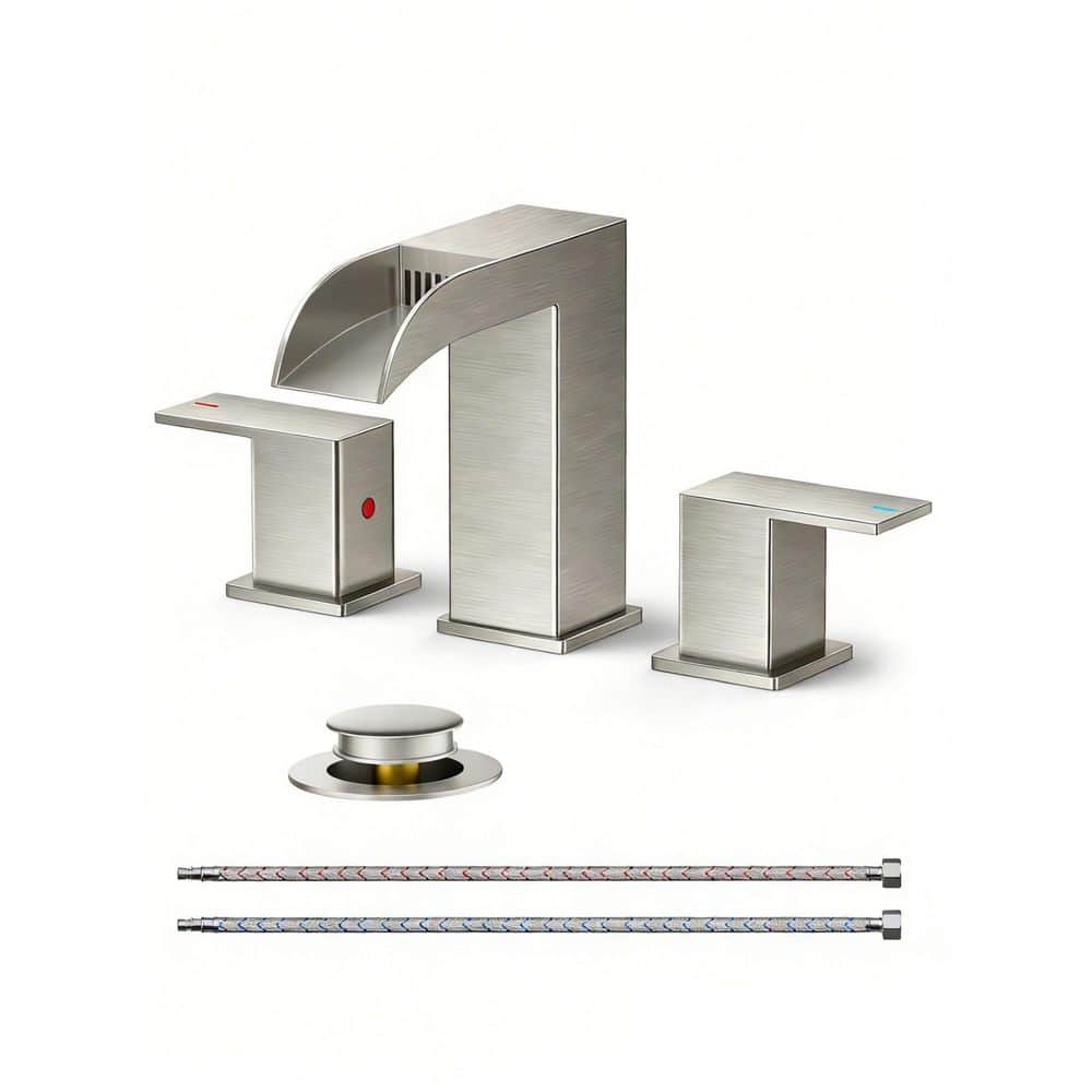 Wudkey 1-Piece 8 in. Widespread Square Bathroom Faucet Set with Waterfall Spout, Pop-up Drain ＆ Supply Lines in Stainless Steel (1)