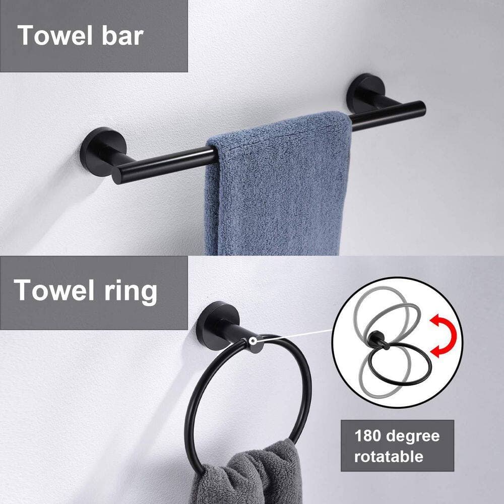 KHKFY 5-Piece Matte Black Bathroom Hardware Set with 16 In Towel Bar, Towel Ring, Toilet Paper Holder and Hooks (2)