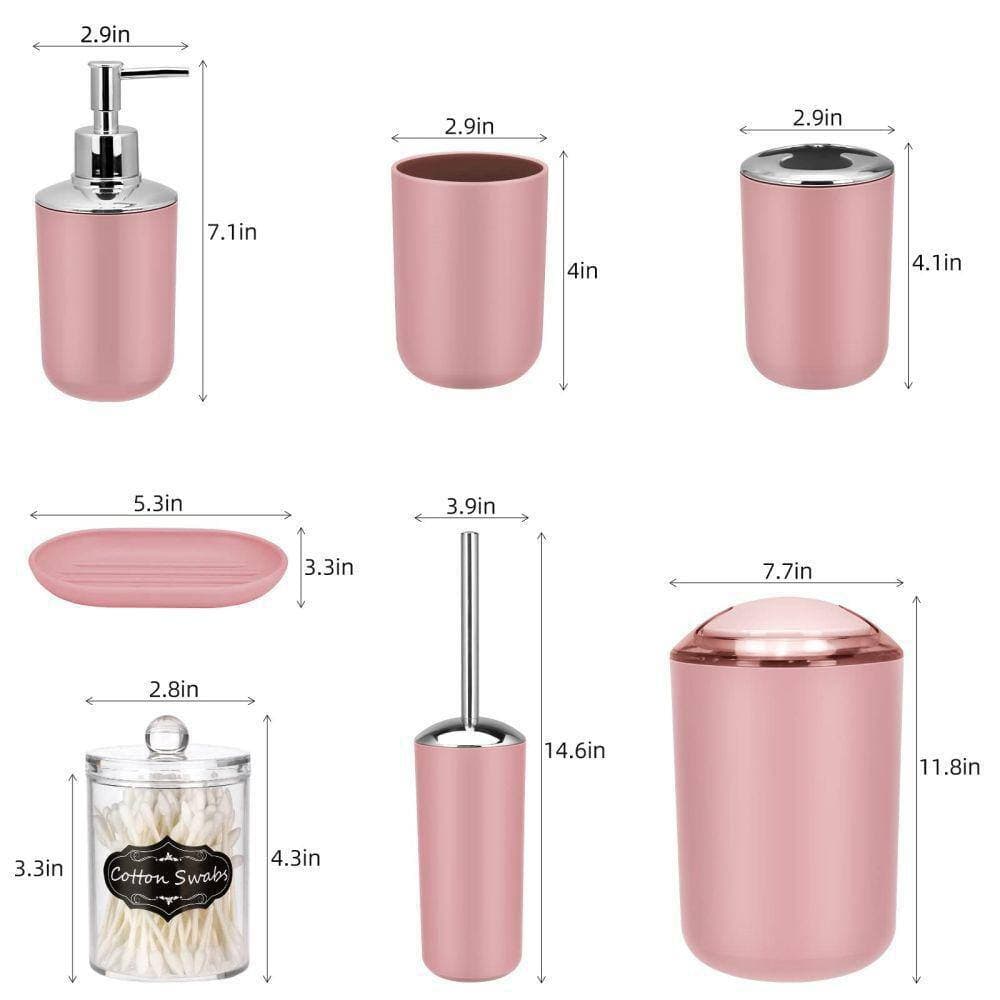 Dracelo 8-Piece Bathroom Accessory Set with Trash Can,Soap Dish,Toothbrush Holder,Cup,Toilet Brush Holder in Pink with Labels (2)