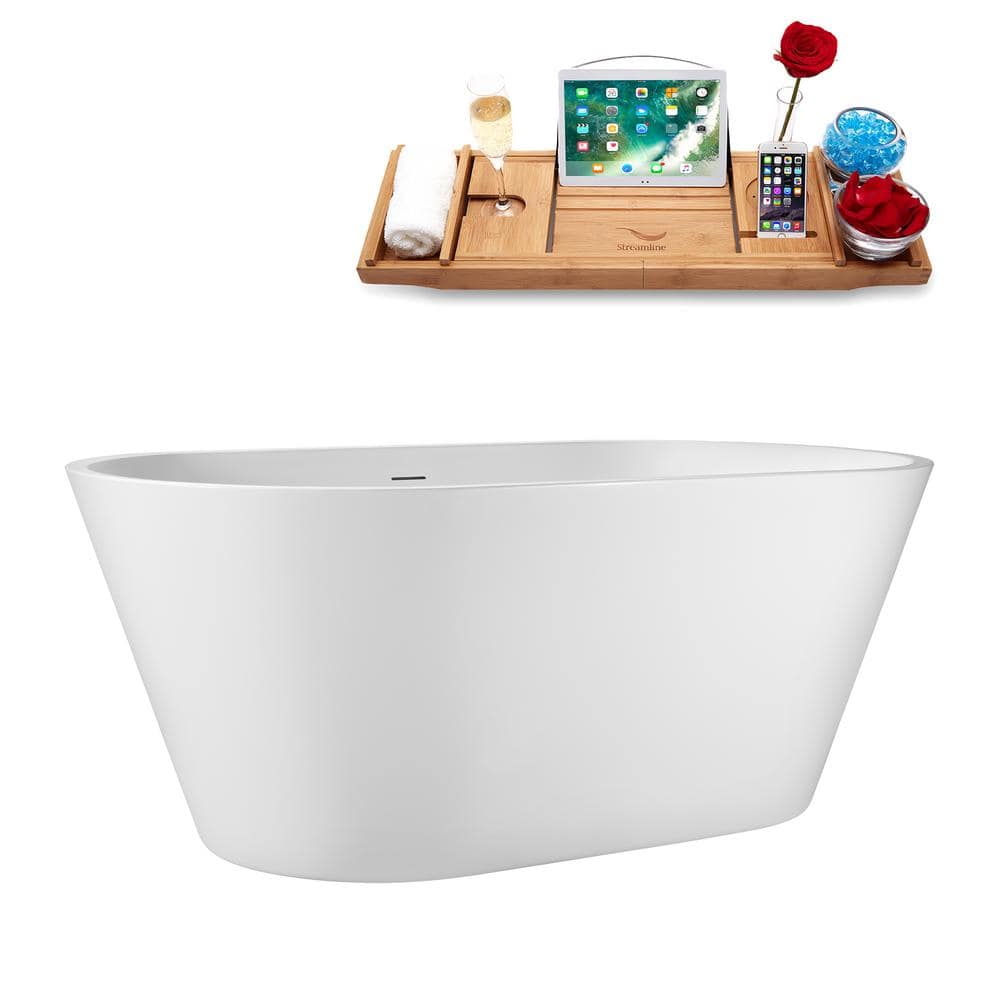 Streamline 59 in. x 30 in. Acrylic Freestanding Soaking Bathtub in Glossy White with Matte Black Drain, Bamboo Tray (2)