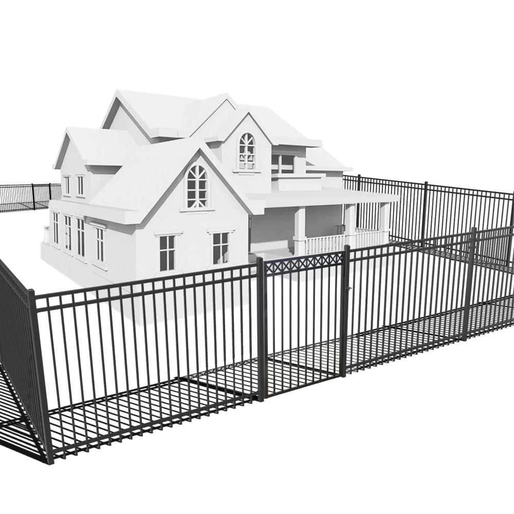 Fencer Wire 4 ft. x 8 ft. Black Steel Spaced Bar Flat Top Metal Fence Panel with Decorative Fence Gate(Set of 76 ft. ) (1)