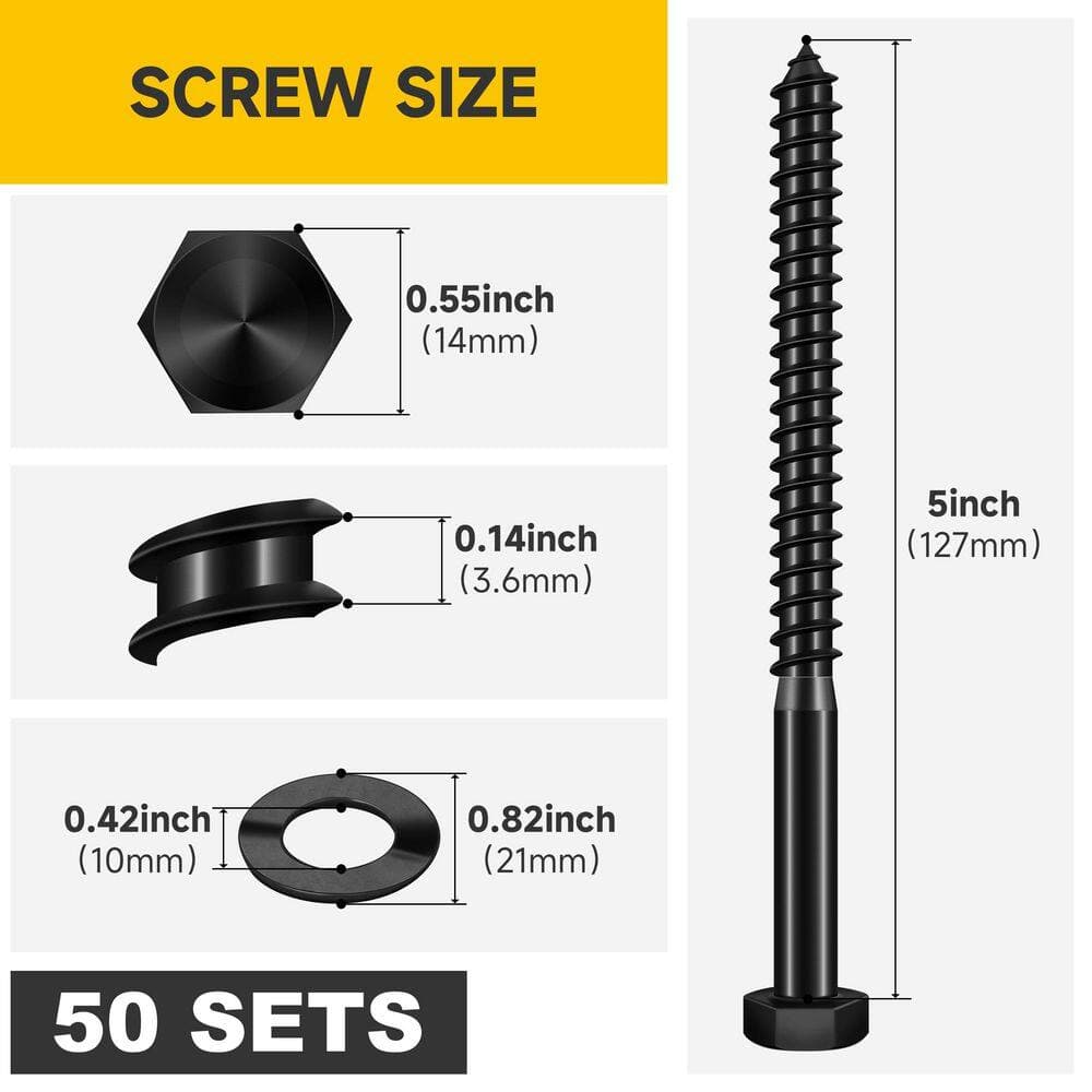 MYWISH 3/8 in. x 5 in. Stainless Steel Hex Drive Hex Head Lag Screws, Black Oxide (50-Pack) (2)