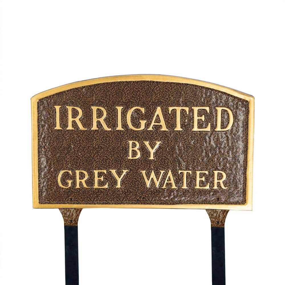 Montague Metal Products 10 in. x 15 in. Standard Arch Irrigated by Grey Water Statement Plaque Sign with Lawn Stakes - Hammered Bronze